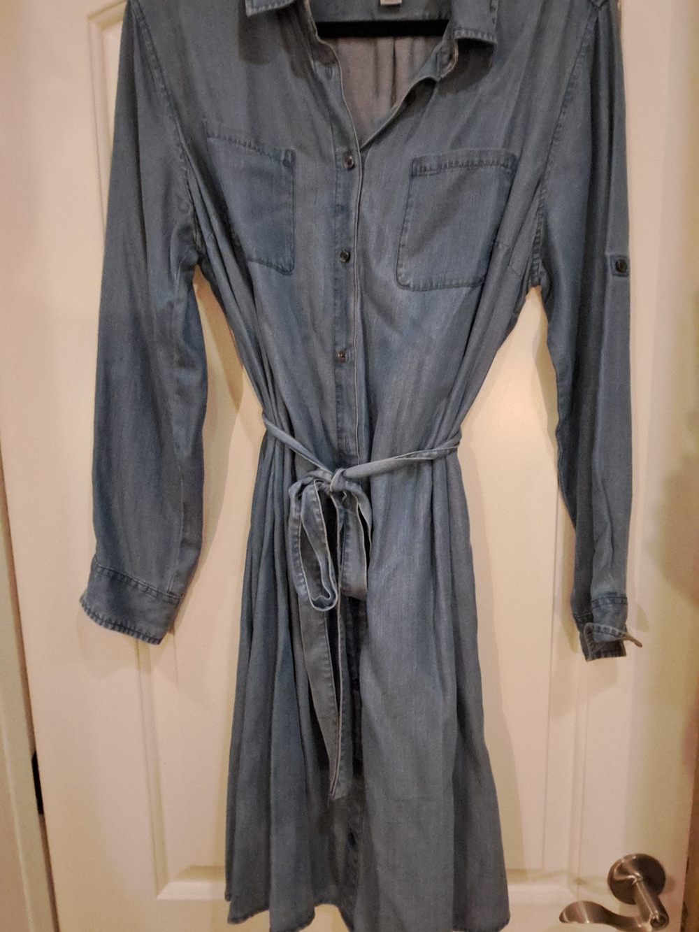Light Blue Denim Shirt Dress with Waist Tie